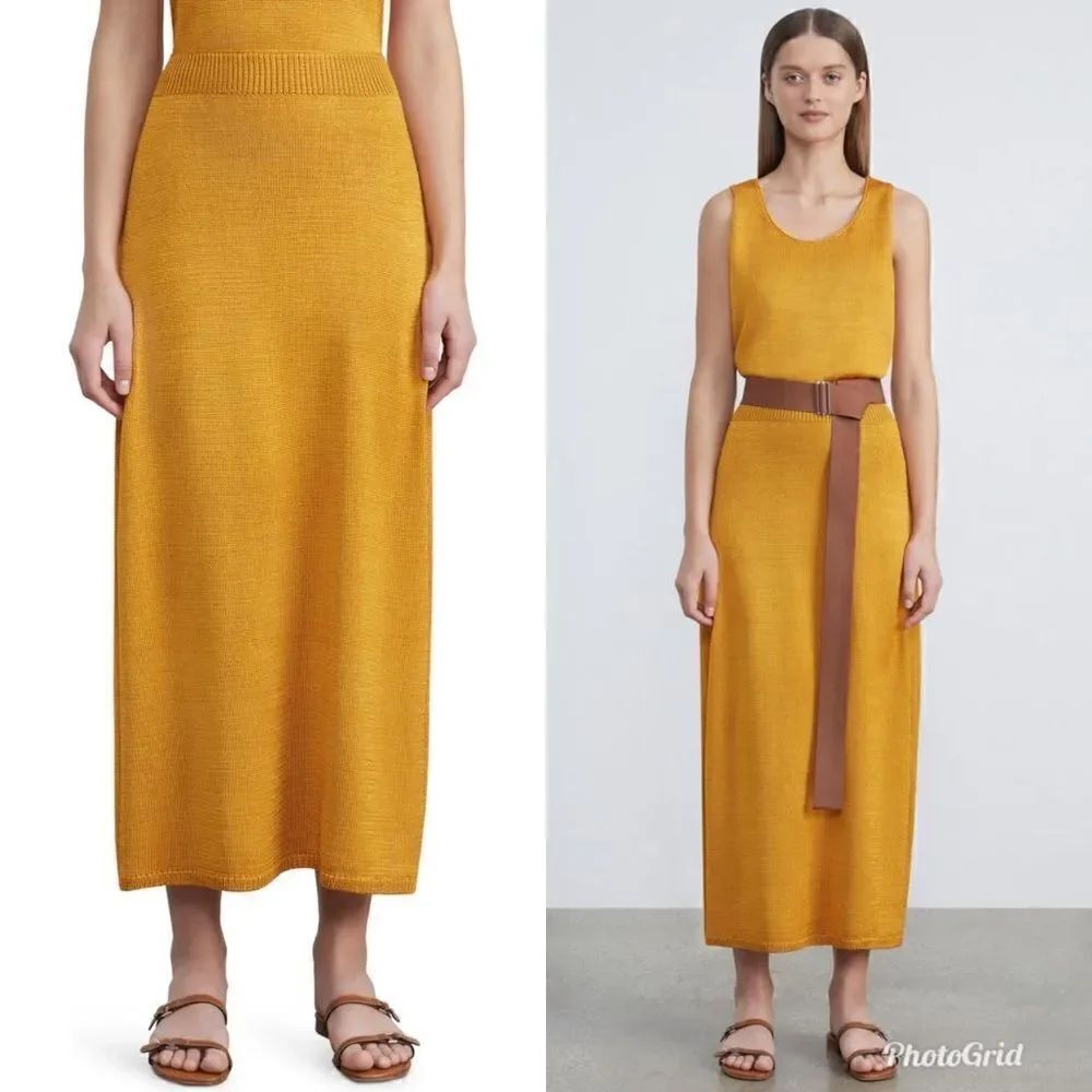 Revolve Lafayette 148 New York Gold Orange Tussah Silk Knit Midi Skirt Honeycomb